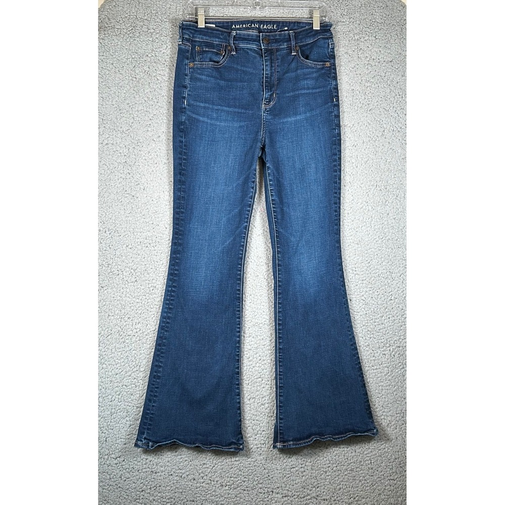 American Eagle Super Hi-Rise Flare Jeans Dark Wash  Womens 10 raw Hem Boho denim